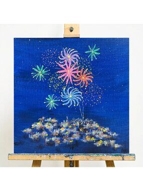 Celebration 8" X 8" Unframed Acrylic Painting Wall Art Original Fireworks Scene